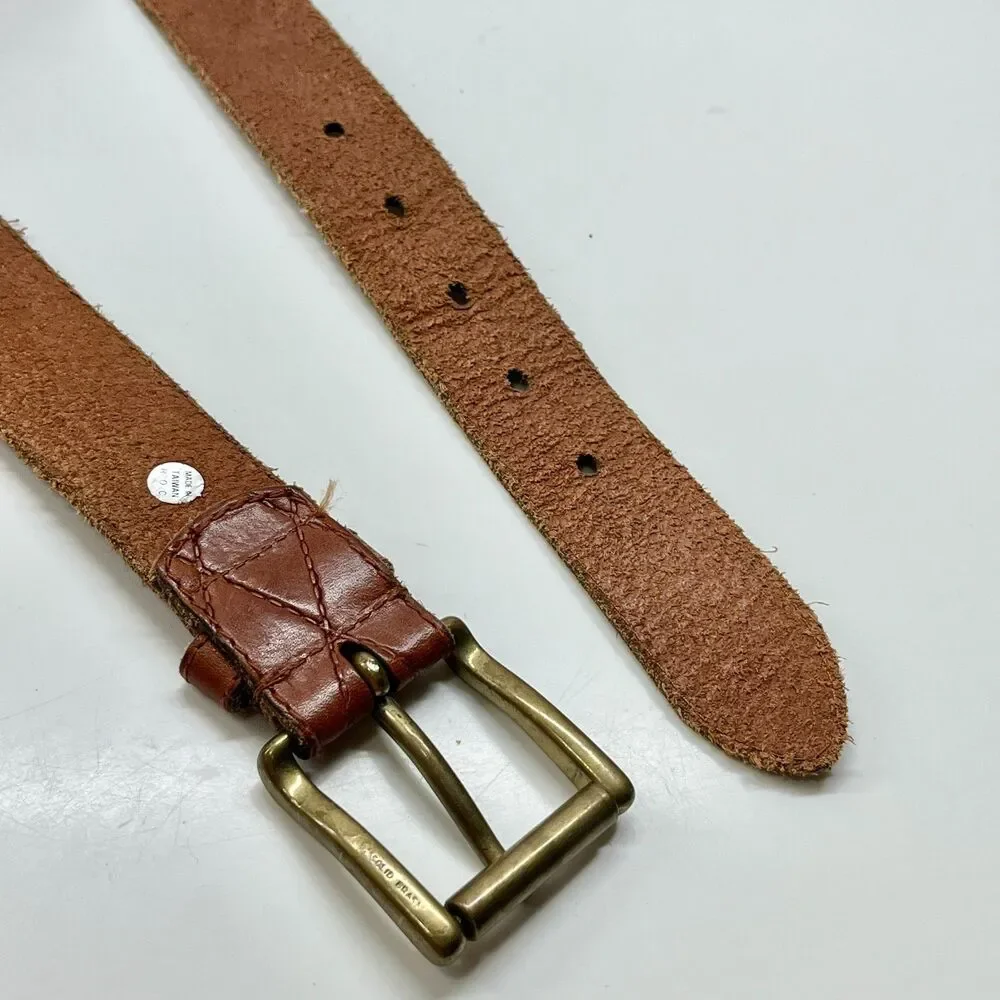 Vtg Tan Brown Leather Belt Mens Womens Size 32 S Quilted Brass Distressed Taiwan